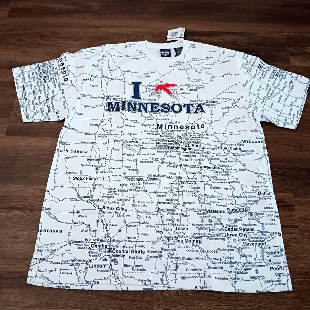 New Minnesota State Of Mine All Over Print‎ Map T-Shirt Large L